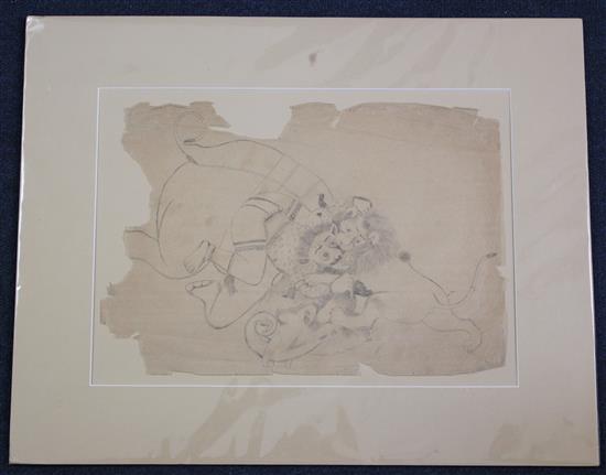 19th century Indian School Lion attacking an elephant rider, 8.5 x 12in., unframed